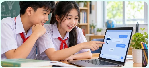Hình ảnh minh họa học sinh trao đổi khi sử dụng máy tính để học tập