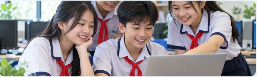Hình ảnh minh họa học sinh cùng sử dụng máy tính để học tập