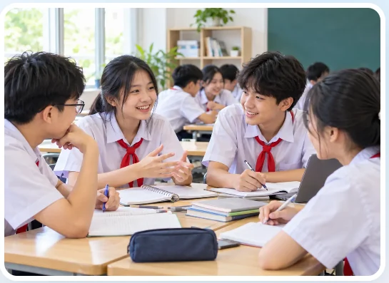 Hình ảnh minh họa nhóm học sinh trao đổi trong giờ học